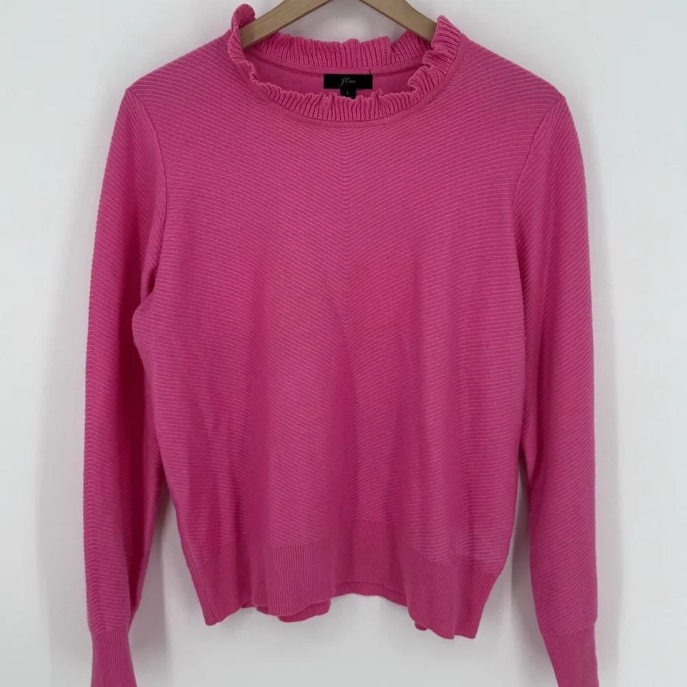 J. Crew Women's Pink Ruffle Neck Sweater Size Large Long Sleeve Knit Wool Blend